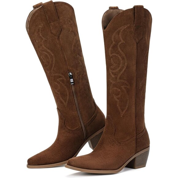 Women Brown Suede Polyurethane Embroidery Side Zipper Knee High Western Boots - Picture 5 of 5